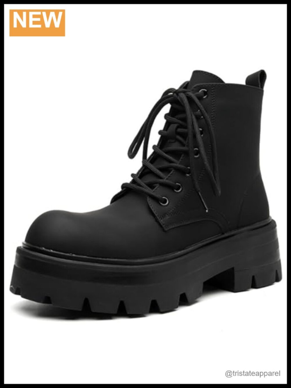 Men's Leather Lace-Up Platform Combat Boots Side Zipper Wide Toe Lug Sole